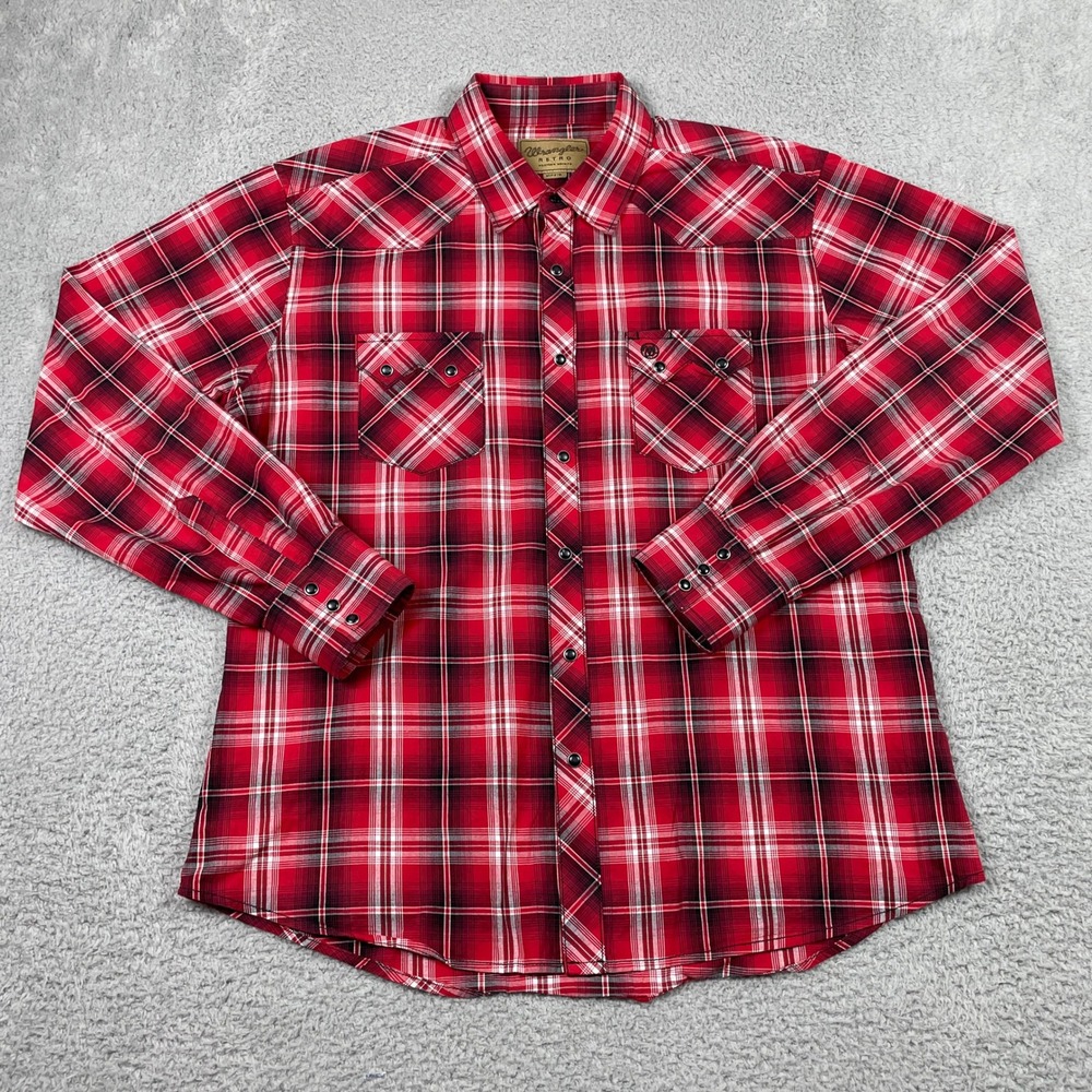 Wrangler Retro Western Shirt Mens XL Red Black Plaid Pearl Snap Saw Tooth Pocket